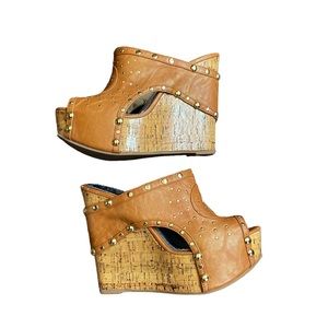 Luchiny Studded Lacquered Cork Wedge Platform Slide Maya Lynn Sandals Shoes 7